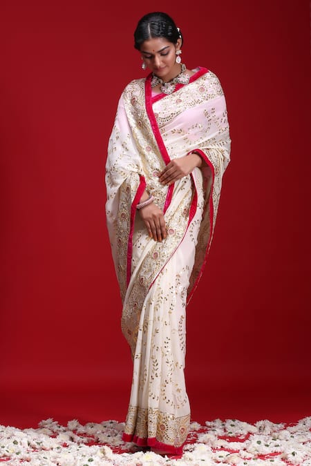Ruar India Beige Chiffon Gota Embroidered Saree With Blouse Online at Aza Fashions Ruar India_Beige Chiffon Gota Embroidered Saree With Blouse _Online_at_Aza_Fashions