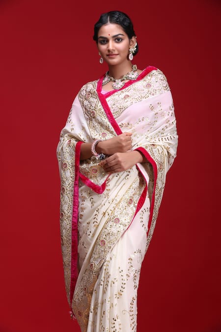 Buy Ruar India Beige Chiffon Gota Embroidered Saree With Blouse Online at Aza Fashions Buy_Ruar India_Beige Chiffon Gota Embroidered Saree With Blouse _Online_at_Aza_Fashions