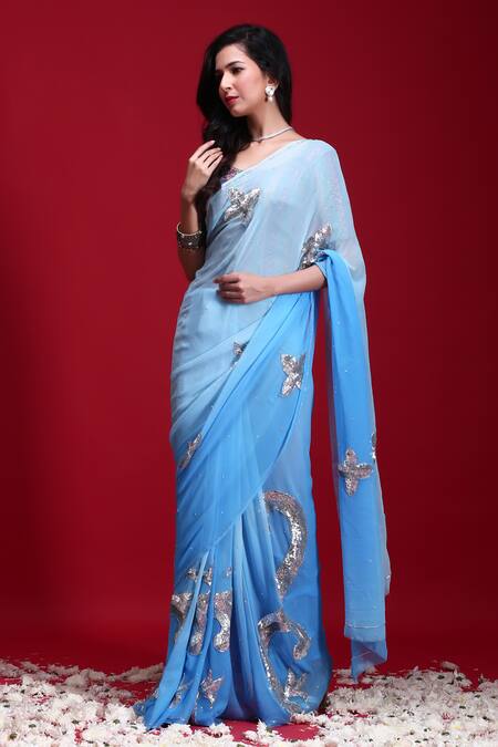 Buy_Ruar India_Blue Chiffon Embroidered Saree With Blouse _Online_at_Aza_Fashions