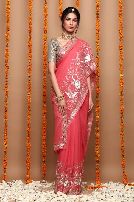 Ruar India_Pink Chiffon Embroidered Saree With Blouse _Online_at_Aza_Fashions