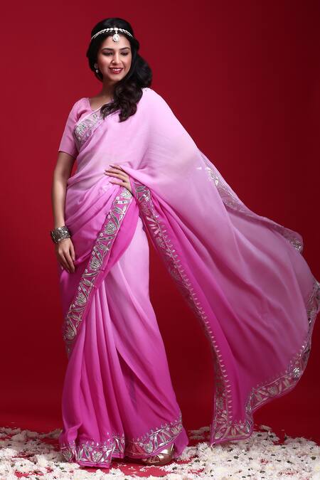 Buy_Ruar India_Pink Chiffon Gota Embroidered Saree With Blouse _Online_at_Aza_Fashions