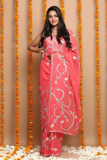 Buy Ruar India Pink Chiffon Embroidered Saree With Blouse Online at Aza Fashions Buy_Ruar India_Pink Chiffon Embroidered Saree With Blouse _Online_at_Aza_Fashions
