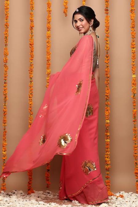 Shop_Ruar India_Pink Chiffon Sequin Embroidered Saree With Blouse _at_Aza_Fashions