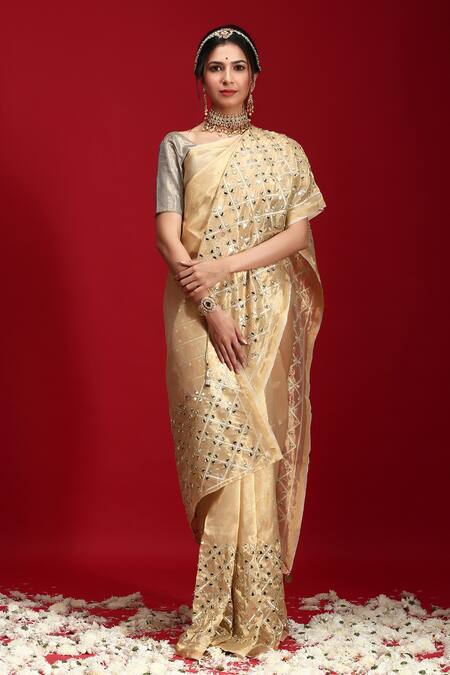 Ruar India_Gold Tissue Mirror Embroidered Saree With Blouse _Online_at_Aza_Fashions