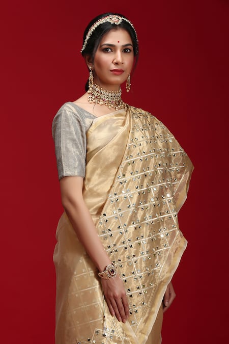 Buy_Ruar India_Gold Tissue Mirror Embroidered Saree With Blouse _Online_at_Aza_Fashions