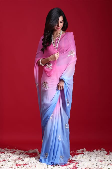 Ruar India_Blue Chiffon Embroidered Saree With Blouse _Online_at_Aza_Fashions