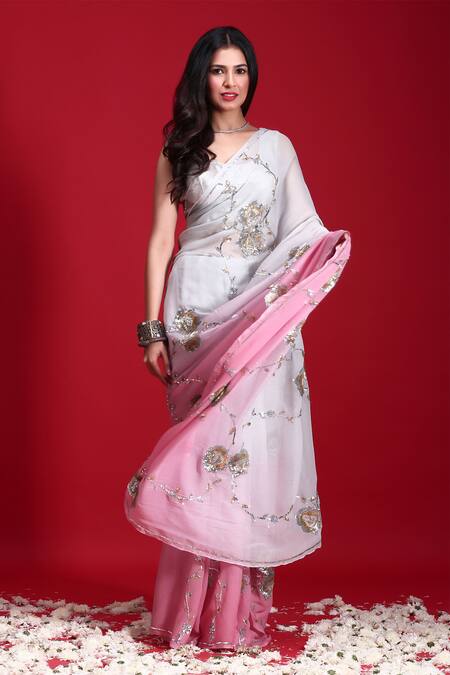 Shop_Ruar India_White Chiffon Sequin Embroidered Saree With Blouse _at_Aza_Fashions