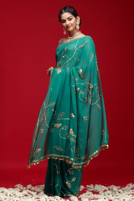 Ruar India_Green Chiffon Sequin Embroidered Saree With Blouse_Online_at_Aza_Fashions