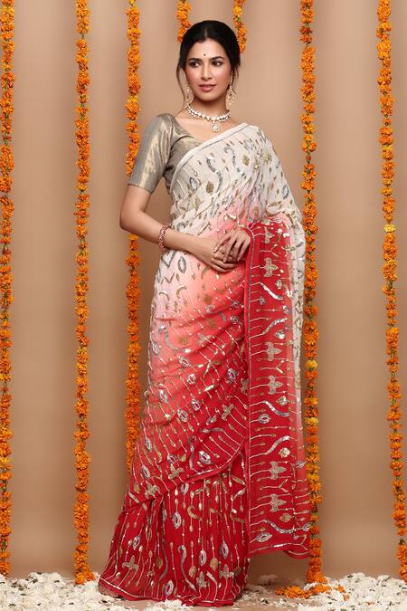 Ruar India_White Chiffon Sequin Embroidered Saree With Blouse_Online_at_Aza_Fashions