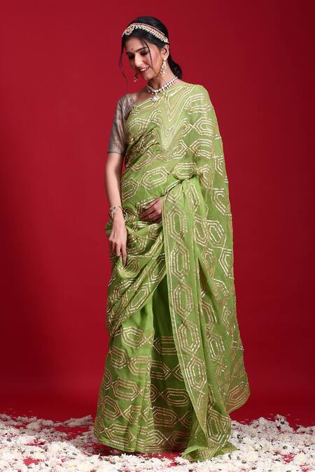 Buy_Ruar India_Green Chiffon Gota Embroidered Saree With Blouse _Online_at_Aza_Fashions