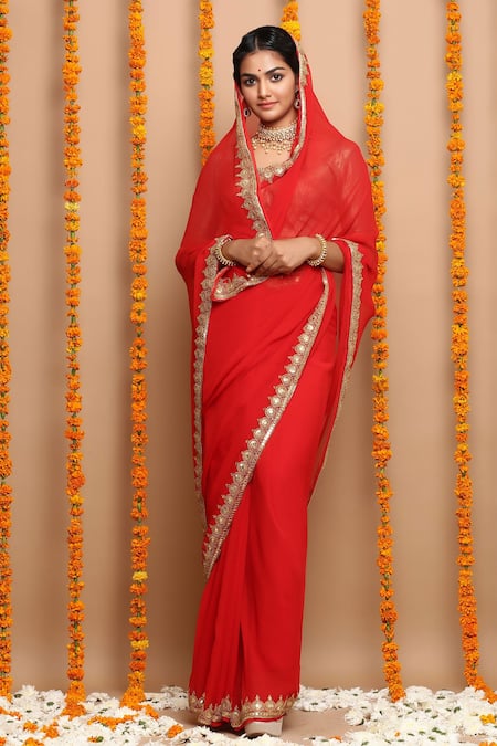 Shop Ruar India Red Chiffon Embroidered Saree With Blouse at Aza Fashions Shop_Ruar India_Red Chiffon Embroidered Saree With Blouse _at_Aza_Fashions
