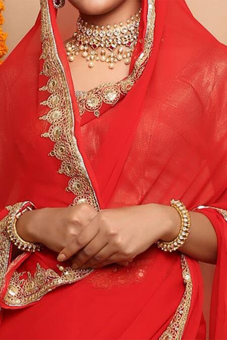 Shop Ruar India Red Chiffon Embroidered Saree With Blouse Online at Aza Fashions Shop_Ruar India_Red Chiffon Embroidered Saree With Blouse _Online_at_Aza_Fashions