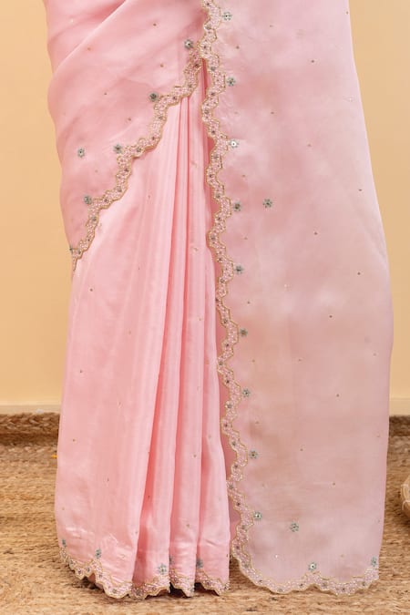 Pita Nila_Pink Satin, , , Soha Saree With Kira Print Blouse _at_Aza_Fashions