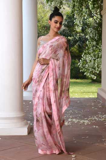 SONIA BADERIA_Pink Liva Satin Printed Stone Work Round Floral Saree With Blouse_Online_at_Aza_Fashions