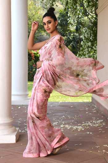 Buy_SONIA BADERIA_Pink Liva Satin Printed Stone Work Round Floral Saree With Blouse_Online_at_Aza_Fashions