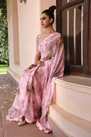 Shop_SONIA BADERIA_Pink Liva Satin Printed Stone Work Round Floral Saree With Blouse_Online_at_Aza_Fashions