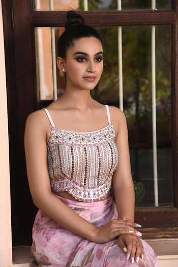SONIA BADERIA_Pink Liva Satin Printed Stone Work Round Floral Saree With Blouse_at_Aza_Fashions