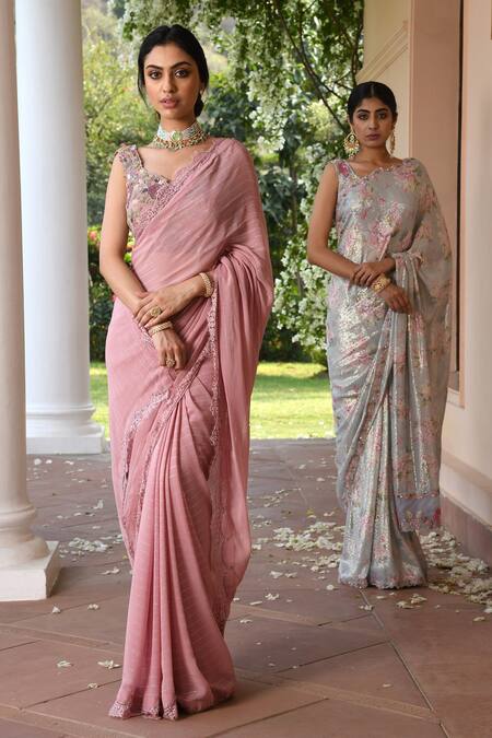 Buy_Sonia Baderia_Pink Georgette Lame Printed Bead Work V Neck Lace Saree With Blouse_Online_at_Aza_Fashions