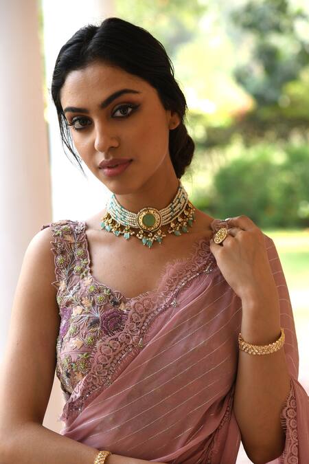 Shop_Sonia Baderia_Pink Georgette Lame Printed Bead Work V Neck Lace Saree With Blouse_Online_at_Aza_Fashions