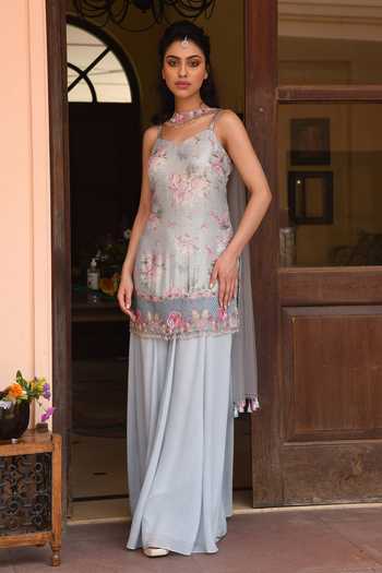 Buy SONIA BADERIA Blue Net, Crepe, Georgette Lame Bead Work, Floral Print Kurta Sharara Set at Aza Fashions Buy_SONIA BADERIA_Blue Net, Crepe, Georgette Lame Bead Work, Floral Print Kurta Sharara Set_at_Aza_Fashions