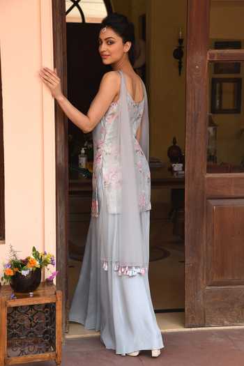 Shop SONIA BADERIA Blue Net, Crepe, Georgette Lame Bead Work, Floral Print Kurta Sharara Set at Aza Fashions Shop_SONIA BADERIA_Blue Net, Crepe, Georgette Lame Bead Work, Floral Print Kurta Sharara Set_at_Aza_Fashions