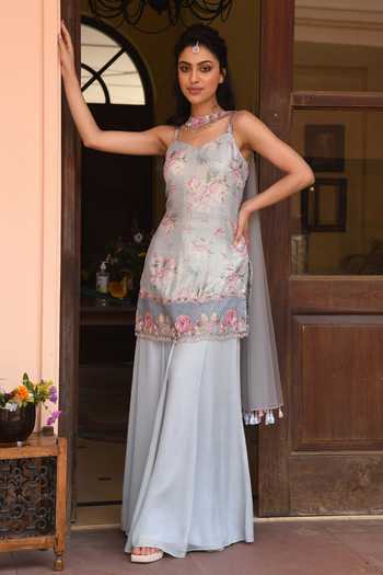 SONIA BADERIA Blue Net, Crepe, Georgette Lame Bead Work, Floral Print Kurta Sharara Set Online at Aza Fashions SONIA BADERIA_Blue Net, Crepe, Georgette Lame Bead Work, Floral Print Kurta Sharara Set_Online_at_Aza_Fashions