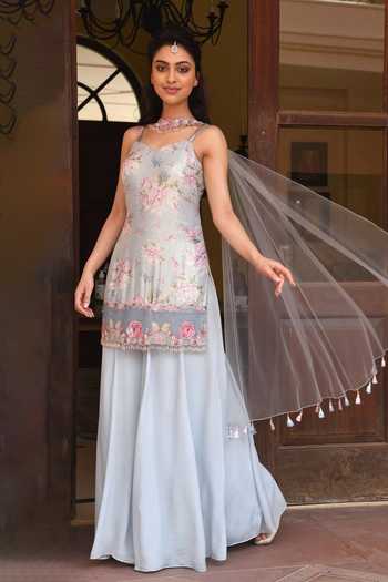 Buy SONIA BADERIA Blue Net, Crepe, Georgette Lame Bead Work, Floral Print Kurta Sharara Set Online at Aza Fashions Buy_SONIA BADERIA_Blue Net, Crepe, Georgette Lame Bead Work, Floral Print Kurta Sharara Set_Online_at_Aza_Fashions
