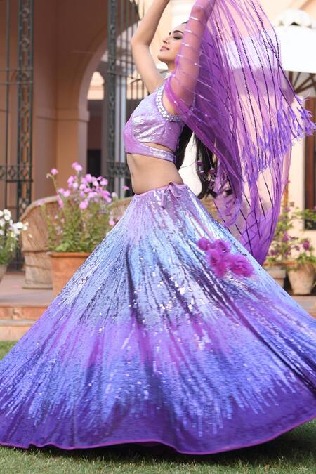 Sonia Baderia_Purple Net Embroidered Ostrich Feathers V Neck Sequin Work Lehenga Set_Online_at_Aza_Fashions