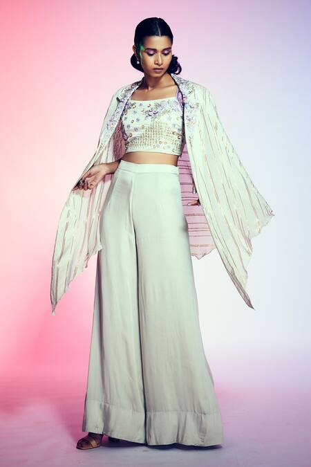 Sonia Baderia_Green Viscose Crepe, Liva Satin Square Neck Palazzo Set With Striped Shrug_Online_at_Aza_Fashions