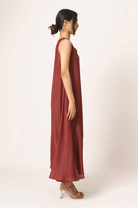 Dot Maroon Silk V Neck Maxi Dress Online at Aza Fashions Dot_Maroon Silk V Neck Maxi Dress _Online_at_Aza_Fashions