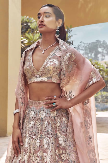 Shop Pankaj & Nidhi Pink Blouse Tulle, Lining Viscose Satin, Lining Embellished Bridal Set Online at Aza Fashions Shop_Pankaj & Nidhi_Pink Blouse Tulle, Lining Viscose Satin, Lining Embellished Bridal Set _Online_at_Aza_Fashions