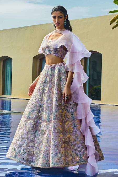 Pankaj & Nidhi_Pink Blouse Tulle, Lining Satin, Lining Hand Embellished Set _Online_at_Aza_Fashions