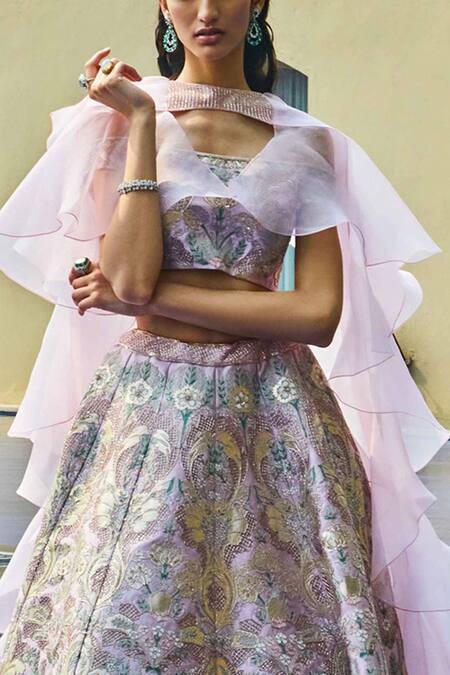 Shop_Pankaj & Nidhi_Pink Blouse Tulle, Lining Satin, Lining Hand Embellished Set _Online_at_Aza_Fashions
