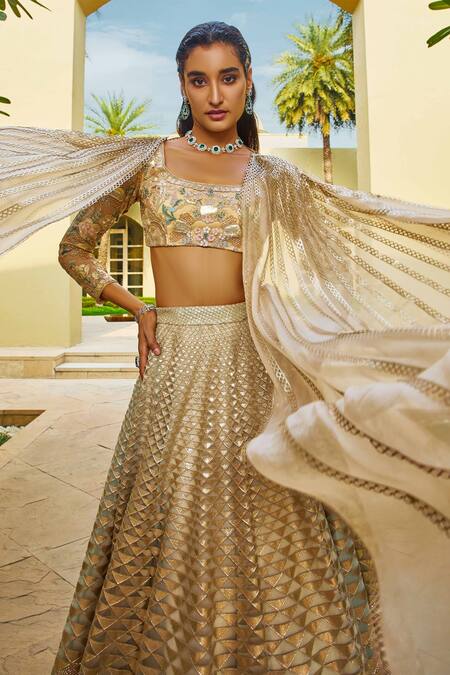 Buy_Pankaj & Nidhi_Gold Blouse Tulle Lehenga Tulle Dupatta Silk Hand Embellished Bridal Set _Online_at_Aza_Fashions