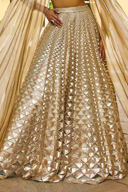 Shop_Pankaj & Nidhi_Gold Blouse Tulle Lehenga Tulle Dupatta Silk Hand Embellished Bridal Set _Online_at_Aza_Fashions