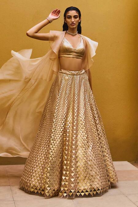 Buy_Pankaj & Nidhi_Beige Blouse Tulle Lehenga Tulle Jacket Silk Organza V Embellished Set _Online_at_Aza_Fashions