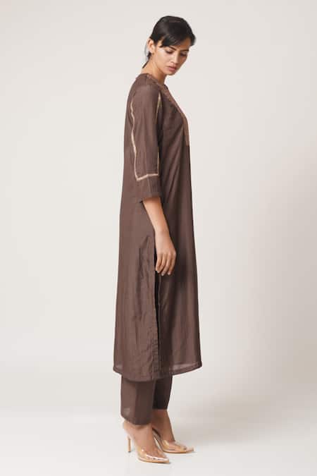 Dot_Brown Silk Round Kurta Set _Online_at_Aza_Fashions