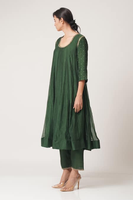 Dot_Green Chanderi Round Anarkali Set _Online_at_Aza_Fashions