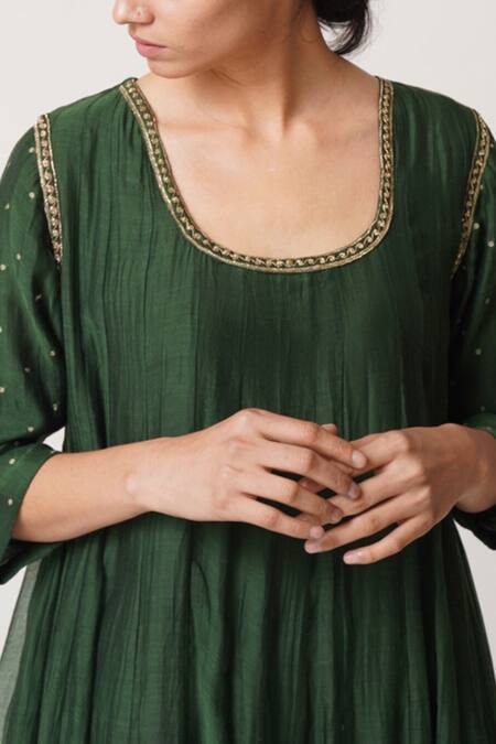 Buy_Dot_Green Chanderi Round Anarkali Set _Online_at_Aza_Fashions