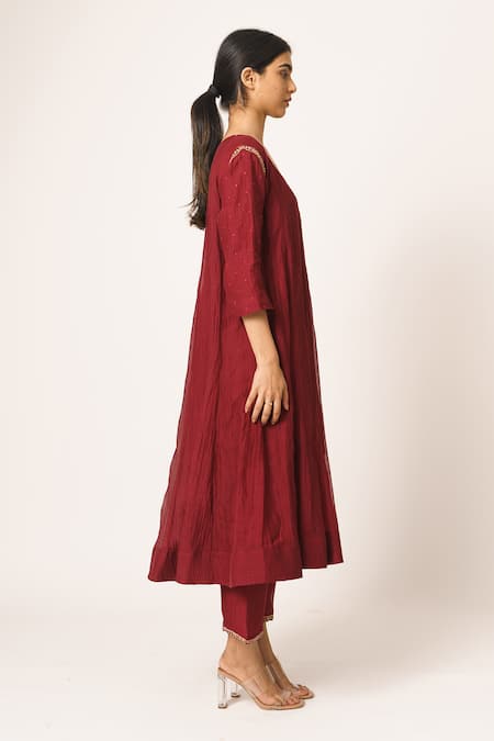 Dot_Maroon Chanderi Round Anarkali Set _Online_at_Aza_Fashions