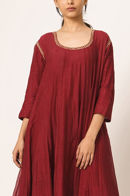 Shop_Dot_Maroon Chanderi Round Anarkali Set _Online_at_Aza_Fashions