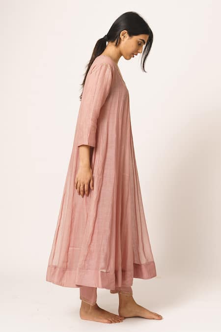 Dot_Pink Chanderi Round Anarkali Set _Online_at_Aza_Fashions
