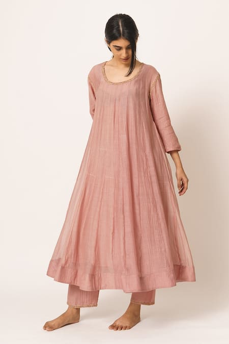 Buy_Dot_Pink Chanderi Round Anarkali Set _Online_at_Aza_Fashions