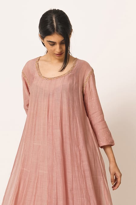 Shop_Dot_Pink Chanderi Round Anarkali Set _Online_at_Aza_Fashions