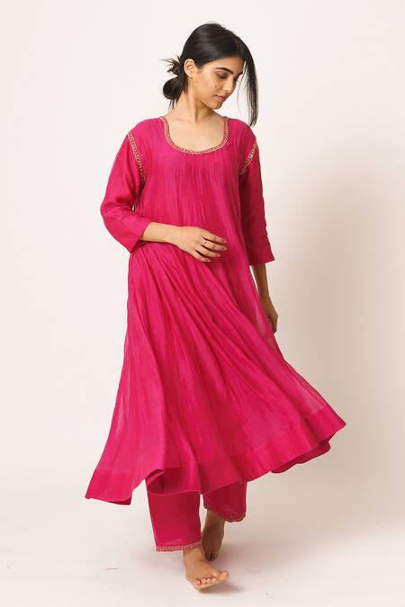 Dot Pink Chanderi Round Anarkali Set 