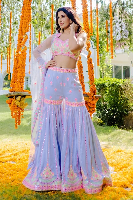 Buy Rajbinder Chahal Blue Blouse And Sharara Dupion Silk Dupatta Net Halter Embroidered Set Online at Aza Fashions Buy_Rajbinder Chahal_Blue Blouse And Sharara Dupion Silk Dupatta Net Halter Embroidered Set _Online_at_Aza_Fashions