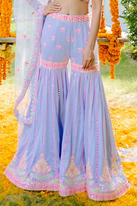 Shop Rajbinder Chahal Blue Blouse And Sharara Dupion Silk Dupatta Net Halter Embroidered Set Online at Aza Fashions Shop_Rajbinder Chahal_Blue Blouse And Sharara Dupion Silk Dupatta Net Halter Embroidered Set _Online_at_Aza_Fashions