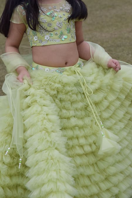 Buy_Panchhi By Kanupriya Tibrewala_Green Silk Organza, Net Embroidery Frill Lehenga Set_Online_at_Aza_Fashions