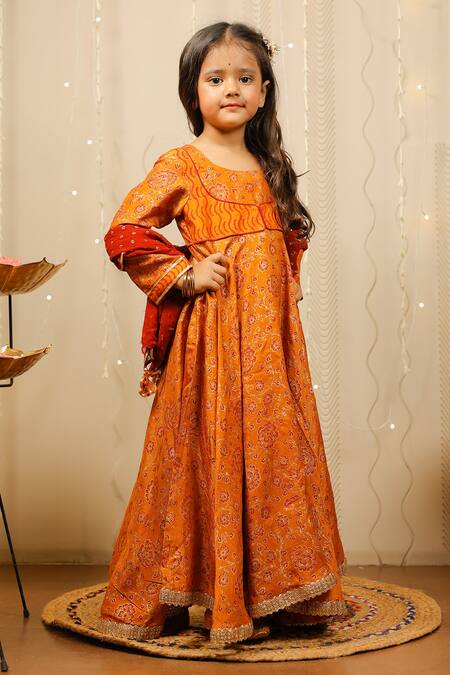 Tiny Colour Yellow Georgette Embroidery, Lace Floral Print Mustard Kurta Set With Dupatta Online at Aza Fashions Tiny Colour_Yellow Georgette Embroidery, Lace Floral Print Mustard Kurta Set With Dupatta _Online_at_Aza_Fashions