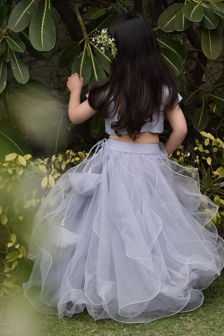 Shop_Panchhi By Kanupriya Tibrewala_Blue Silk Organza, Net Applique Layered Lehenga Set_at_Aza_Fashions